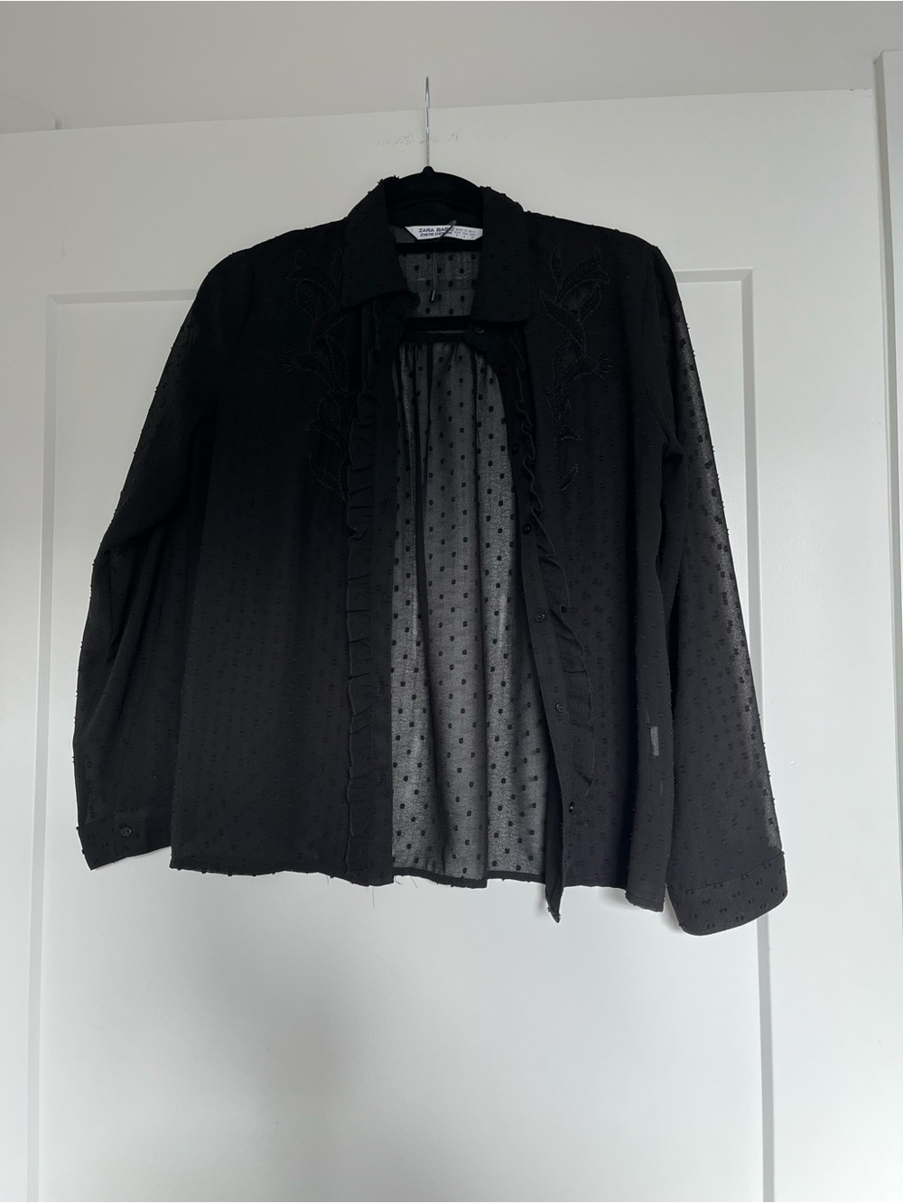 Zara Black Sheer Dotted Ruffle-Trim Blouse